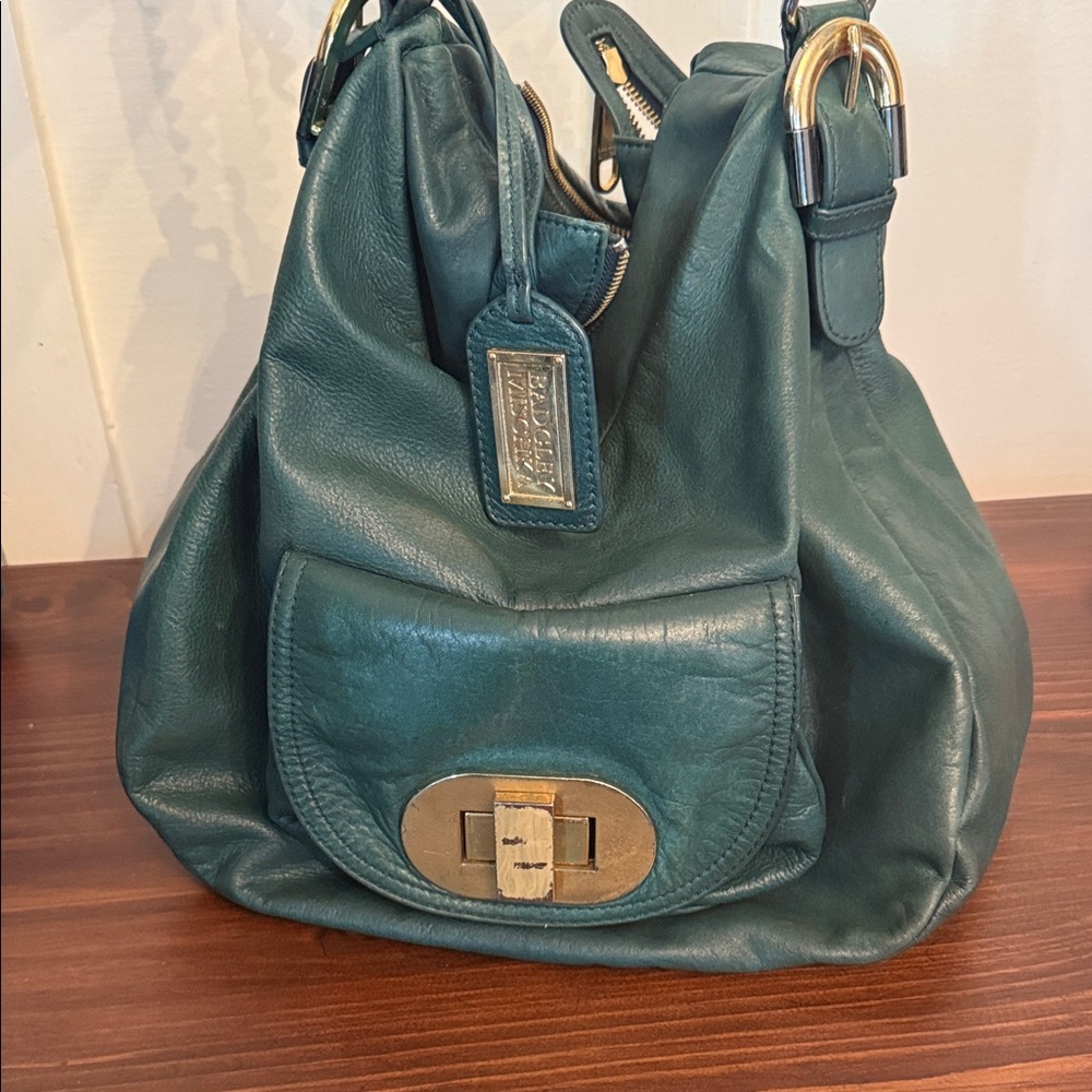 Badgley Mischka Teal Leather Slouchy Shoulder Bag Gold Chain Y2K Chic